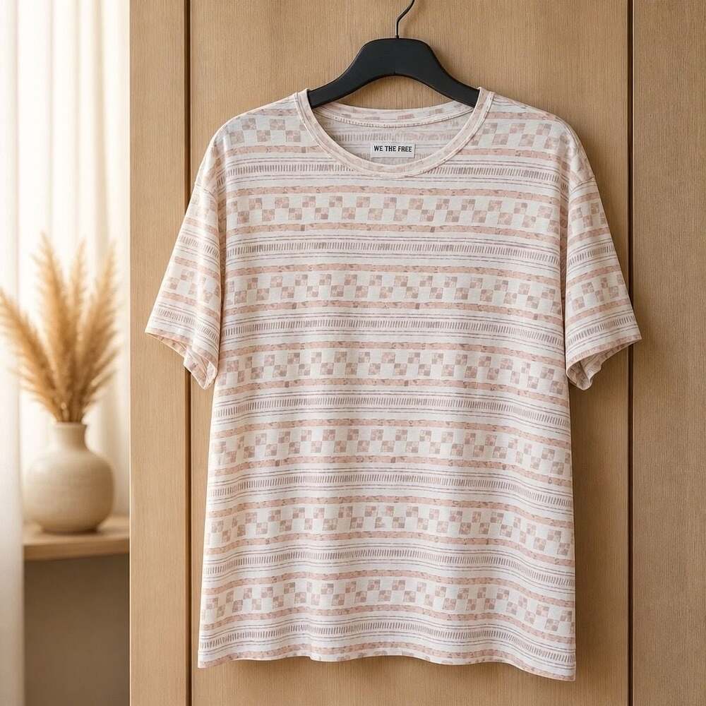 Free People Short Sleeve Striped Geo Tee in Cream and Light Pink